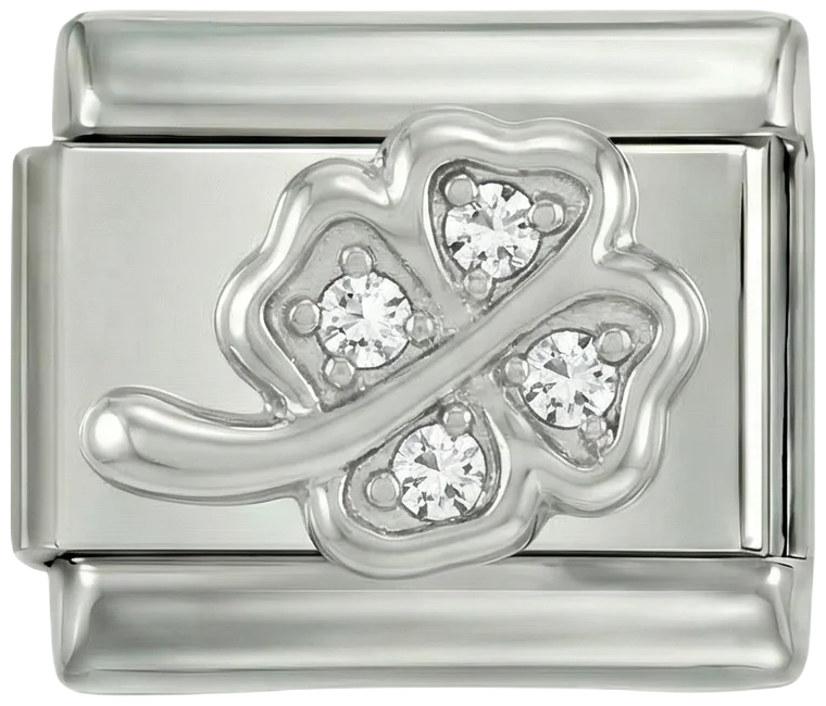 4-leaf Clover and its Stem, in Silver and White Stones