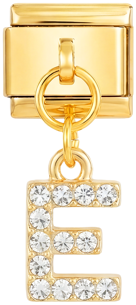 Letter E with stones, Hanging, on Gold - Letter-E-with-stones-hanging-on-gold.png