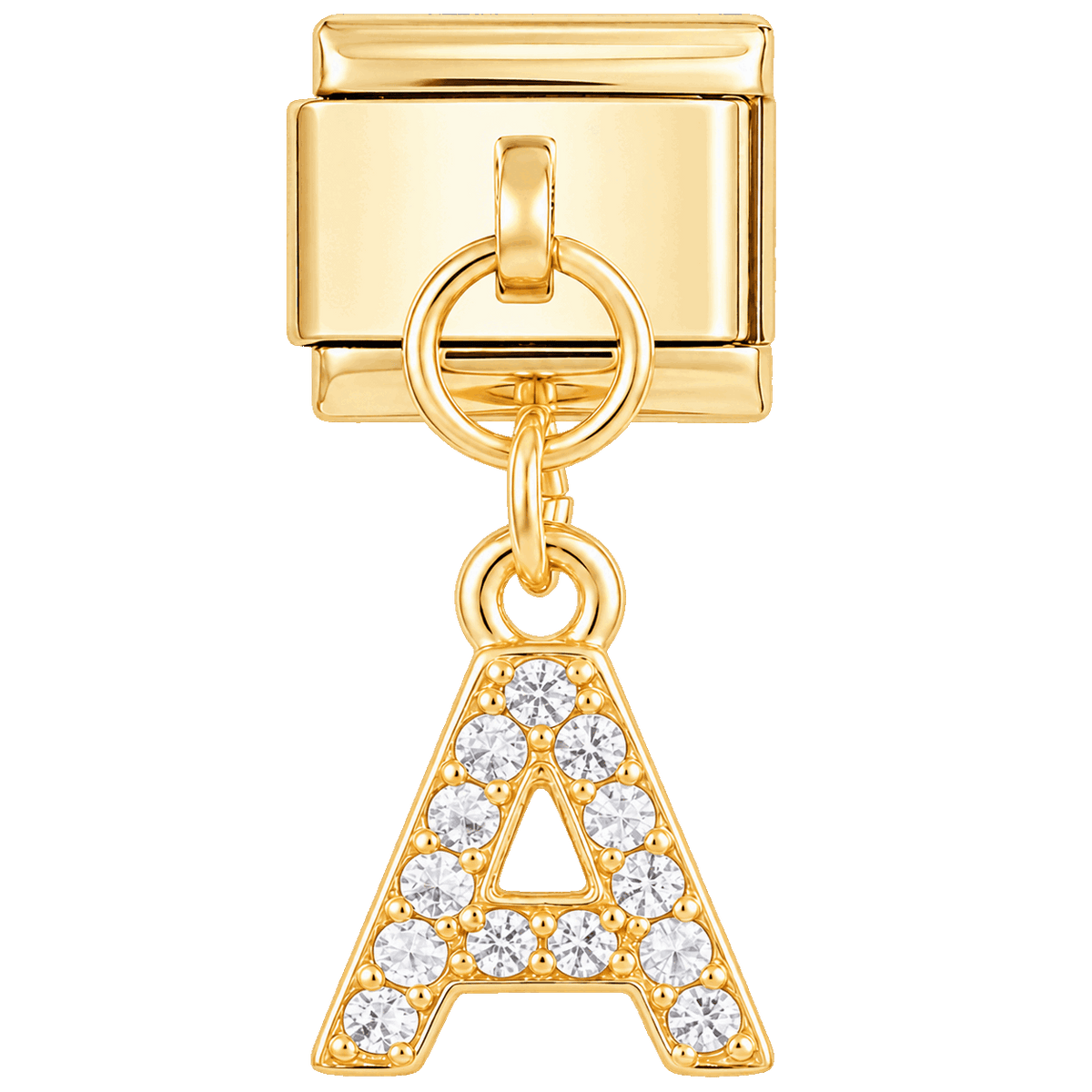 Letra A com pedras, pendente, em dourado