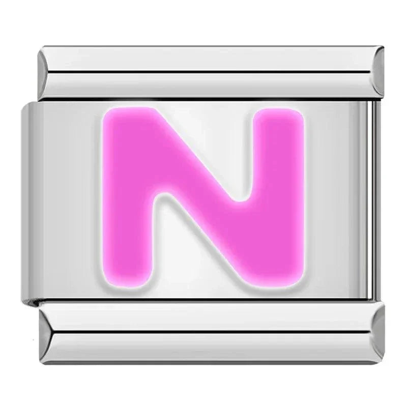 Letter N in Pink, on Silver - Charms Official