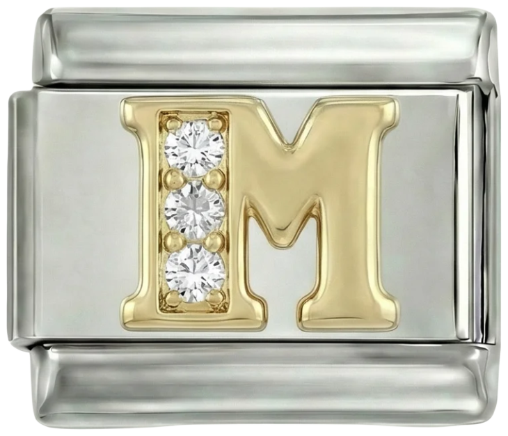 Letter M in Gold with Stones, on Silver - Letter-M-in-gold-with-stones-on-silver.png
